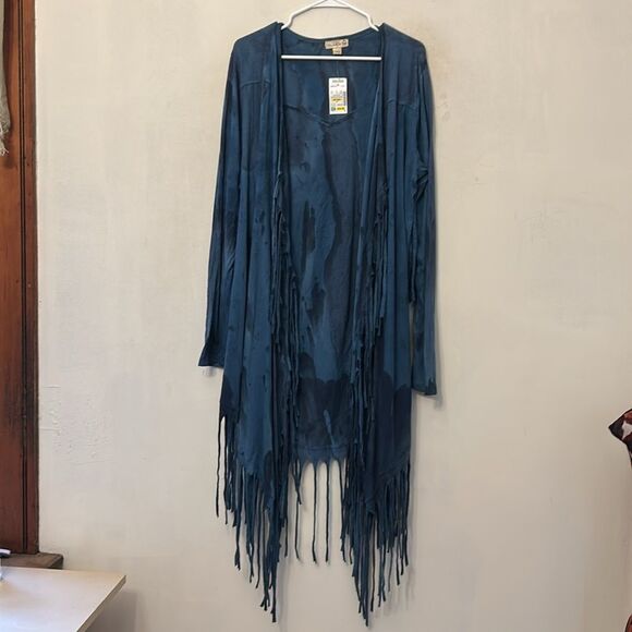 Live and Let Live Teal blue fringe open cardigan Size XL New - Picture 2 of 9